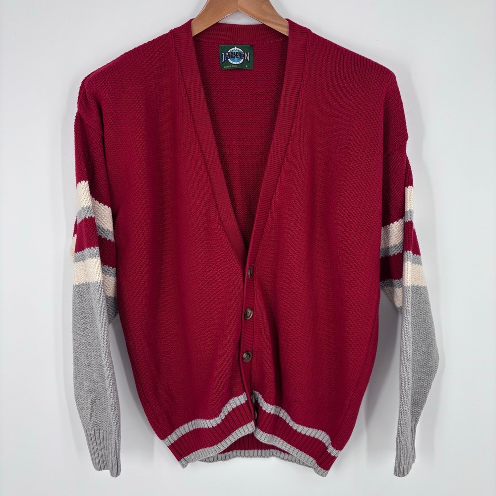 VTG 90s Jantzen Lettermans Cardigan Sweater Mens L Red Made In USA Varsity
